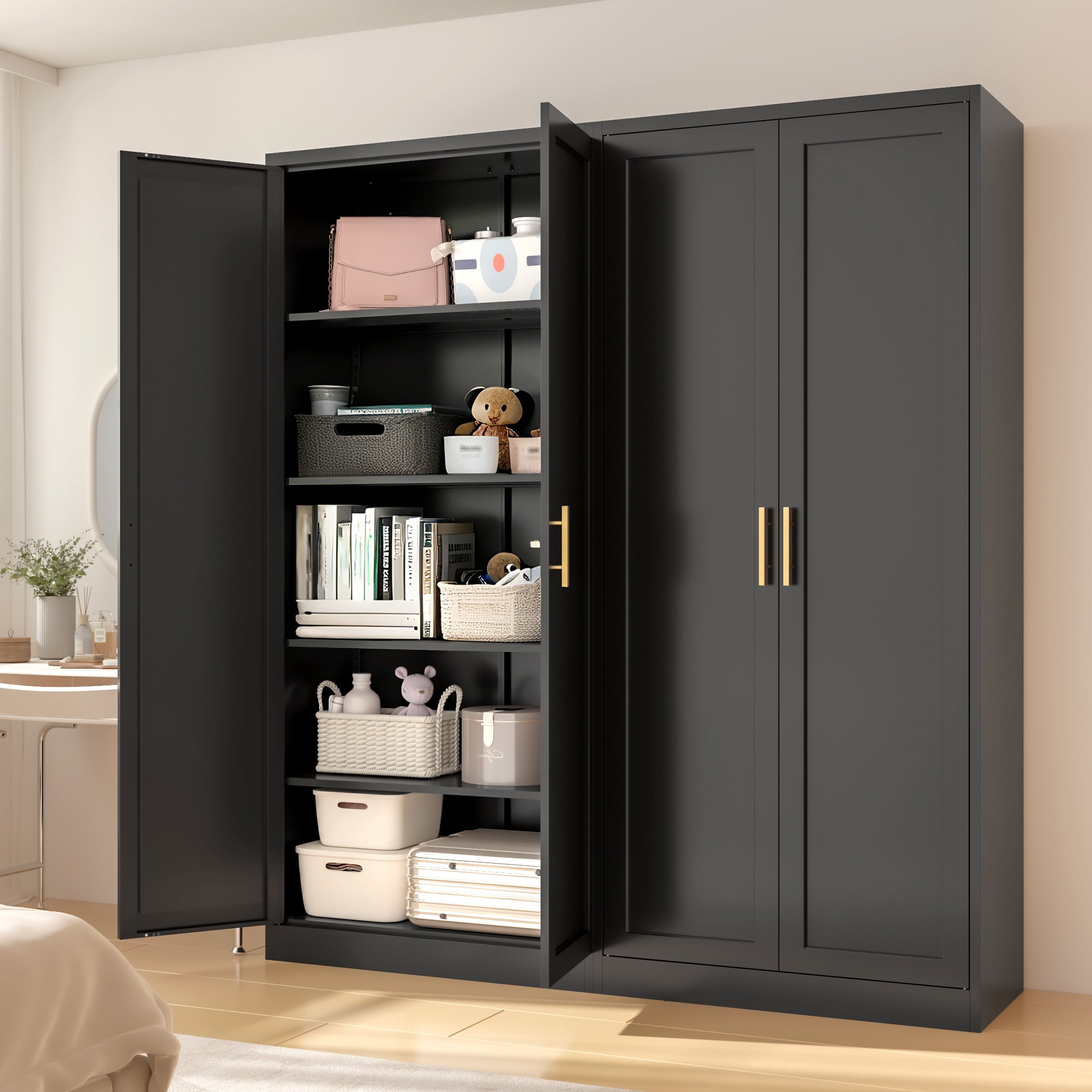 CJF Modern Metal Kitchen Pantry Cabinet, 71" Tall Lockable Storage Cabinet with 2 Doors & 4 Adjustable Shelves, Black