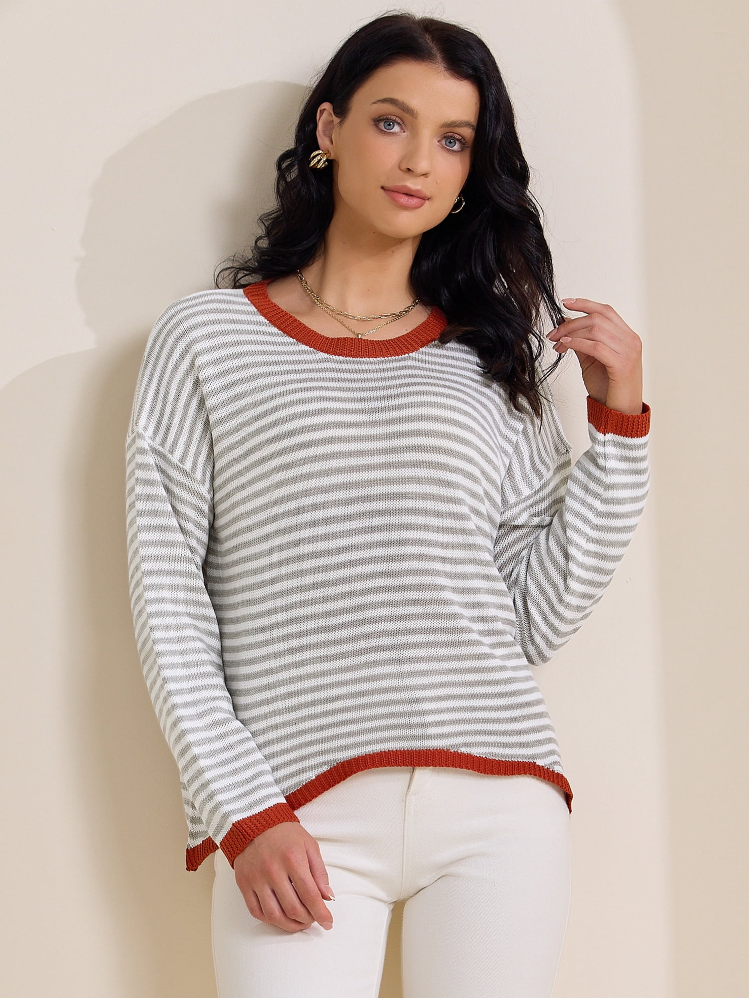 DARING DIVA Women's Striped Crew Neck Loose Knitted Sweatshirts 2XL Light Gray