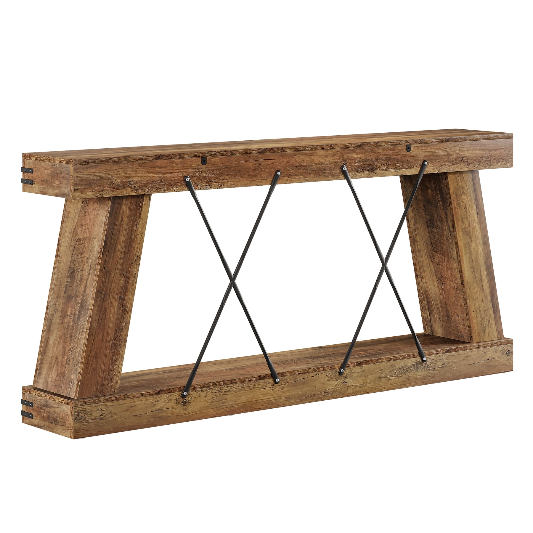 Fnova 70" Farmhouse Console Table, Long 2-Tier Entryway Table with X-Shaped Metal Support, Narrow Wood Sofa Table for Living Room, Hallway, Behind Couch, Brown