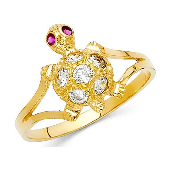 Solid 14k Yellow Gold Turtle Ring CZ Tortoise Band Diamond Cut Fashion Polished Stylish Fancy, Size 7