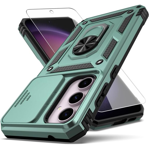 for Samsung Galaxy S23 FE Case,Galaxy S23 FE Case,with Slide Camera Cover HD Screen Protector,Rotated Ring Kickstand Military Grade Shockproof Protective Cover-Green