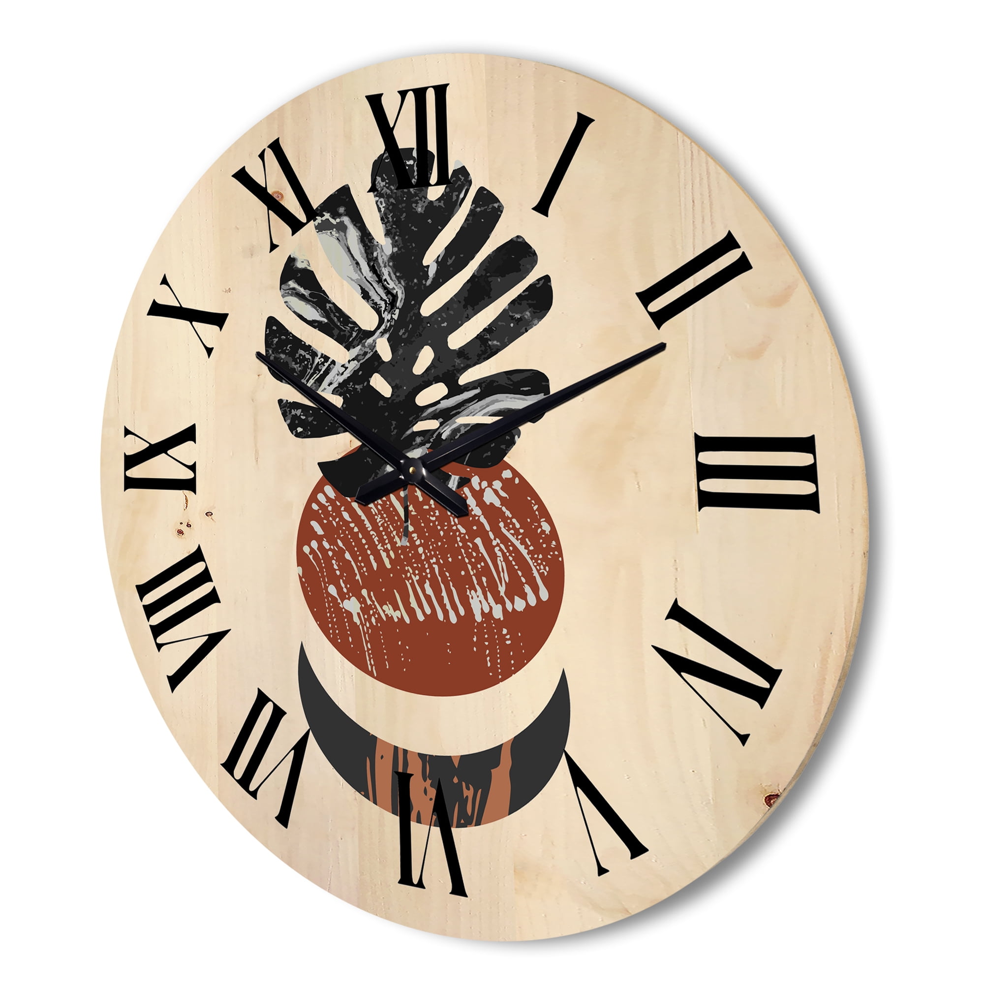Designart 'Abstact Tropical Palm Leaf, Minimal Sun And Moon II' Modern Wood Wall Clock