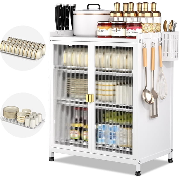 Mueble para Trastes de Cocina, Organizador de Trastes de 3 Niveles con Puerta, Estante de Microondas, Gabinete para Cocina (Blanco)