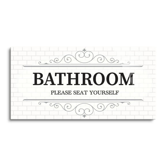 Bathroom Seat Yourself White Tile Grey Scroll 36 x 18 Glass Wall Hanging Sign