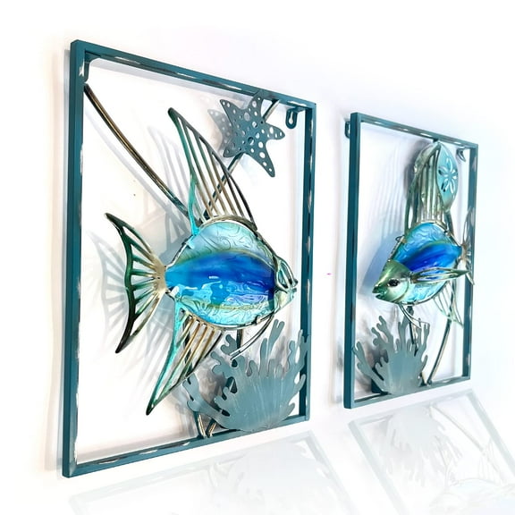 Liffy Blue Glass Fish Wall Art with LED Lights - Outdoor Decor for Patio, Garden, and Pool (2pcs)