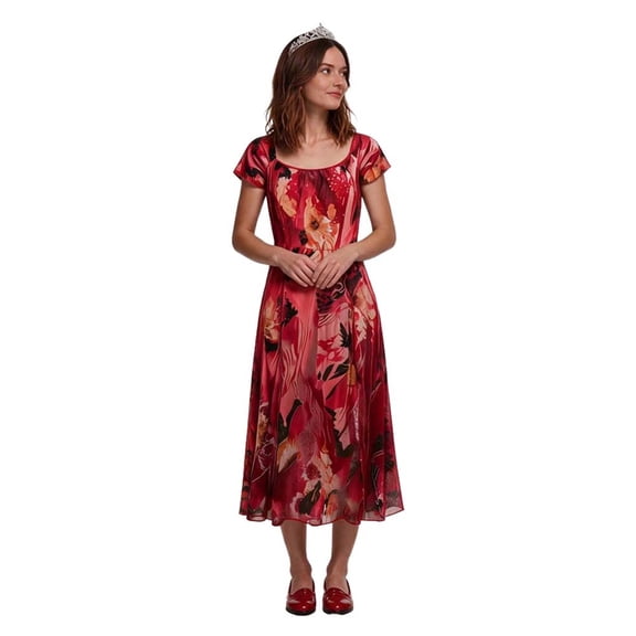 Women Vintage Floral Red Cosplay Dress Scoop Neck A-Line Swing Midi Costume for Halloween