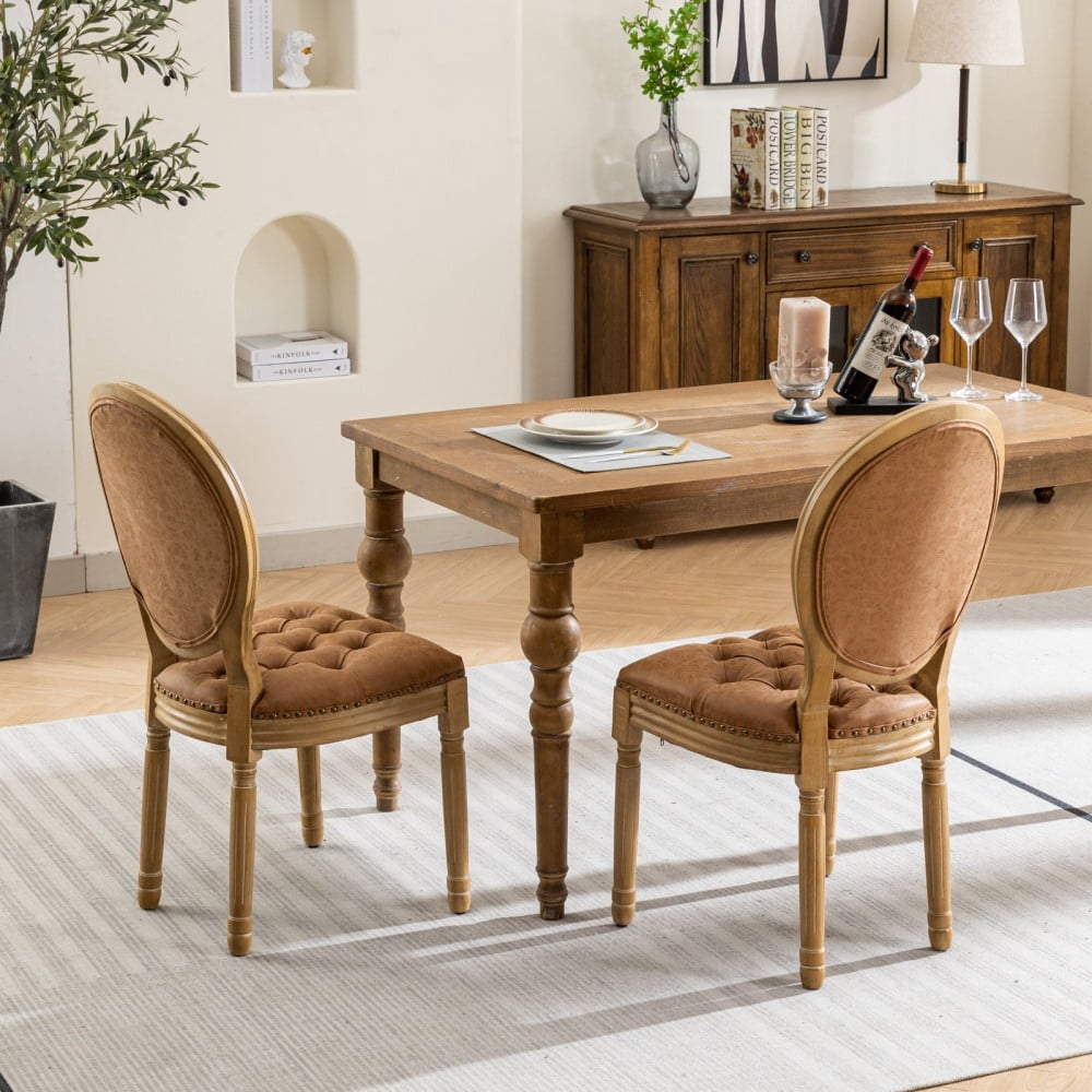 French Style Dining Chairs Set of 2, Solid Wood Upholstered Side Chairs with Tufted PU Leather, Nailhead Trim, Oval Back, Orange