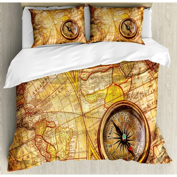 Antique Duvet Cover Set, Compass on an World Map Historic Borders Century-Old Antiquity Theme, Decorative 3 Piece Bedding Set with 2 Pillow Shams, Calking Size, Yellow Orange, by Ambesonne