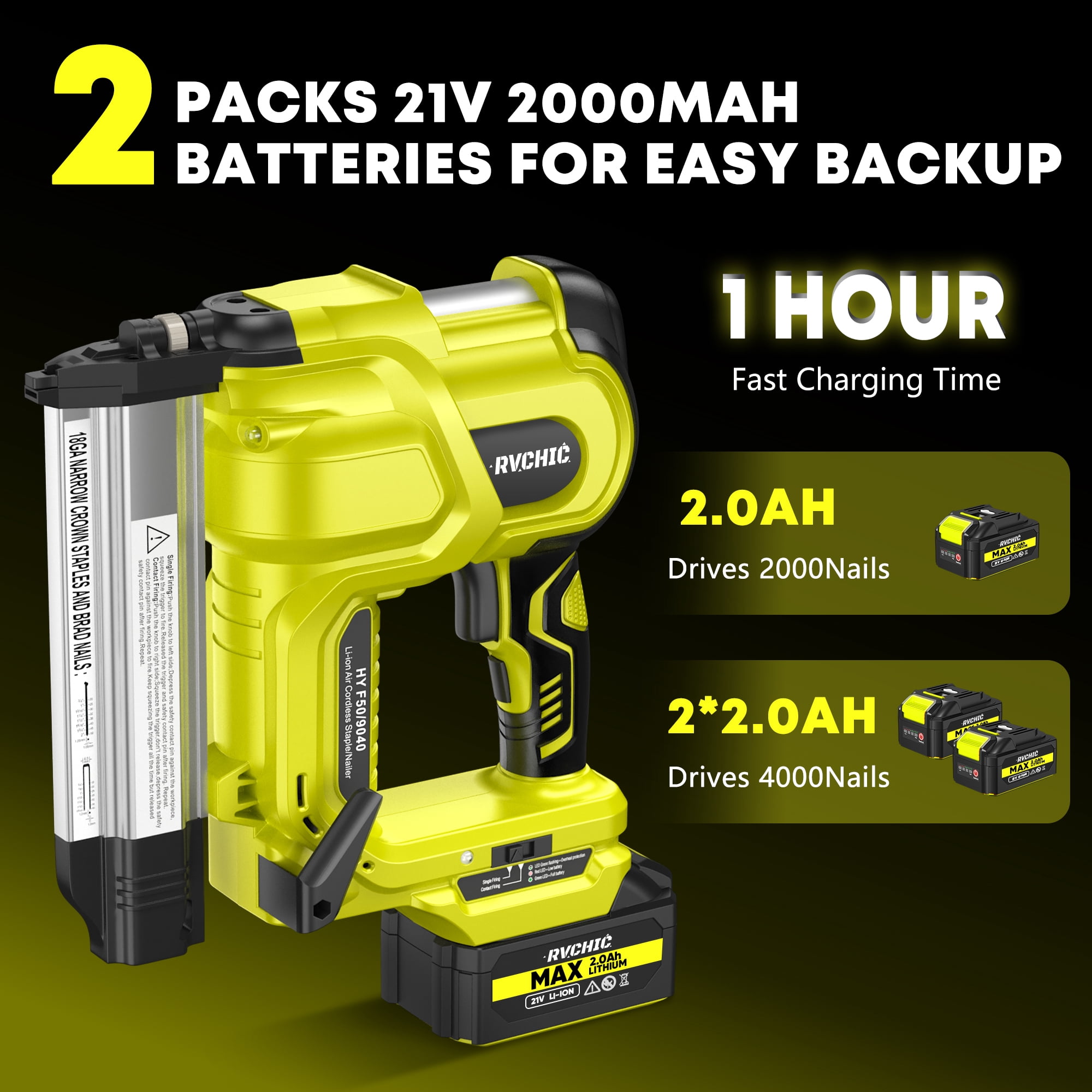 Rvchic 18GA 2-in-1 Cordless Brad Nailer with 2 * 2.0Ah Battery& 1000pcs Nails,for Woodworking,Home Improvement,Green