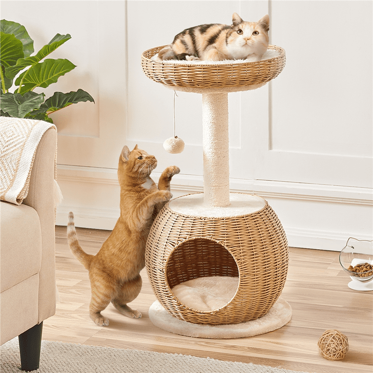 Alden Design Tall Rattan Cat House with Soft Cushion Natural