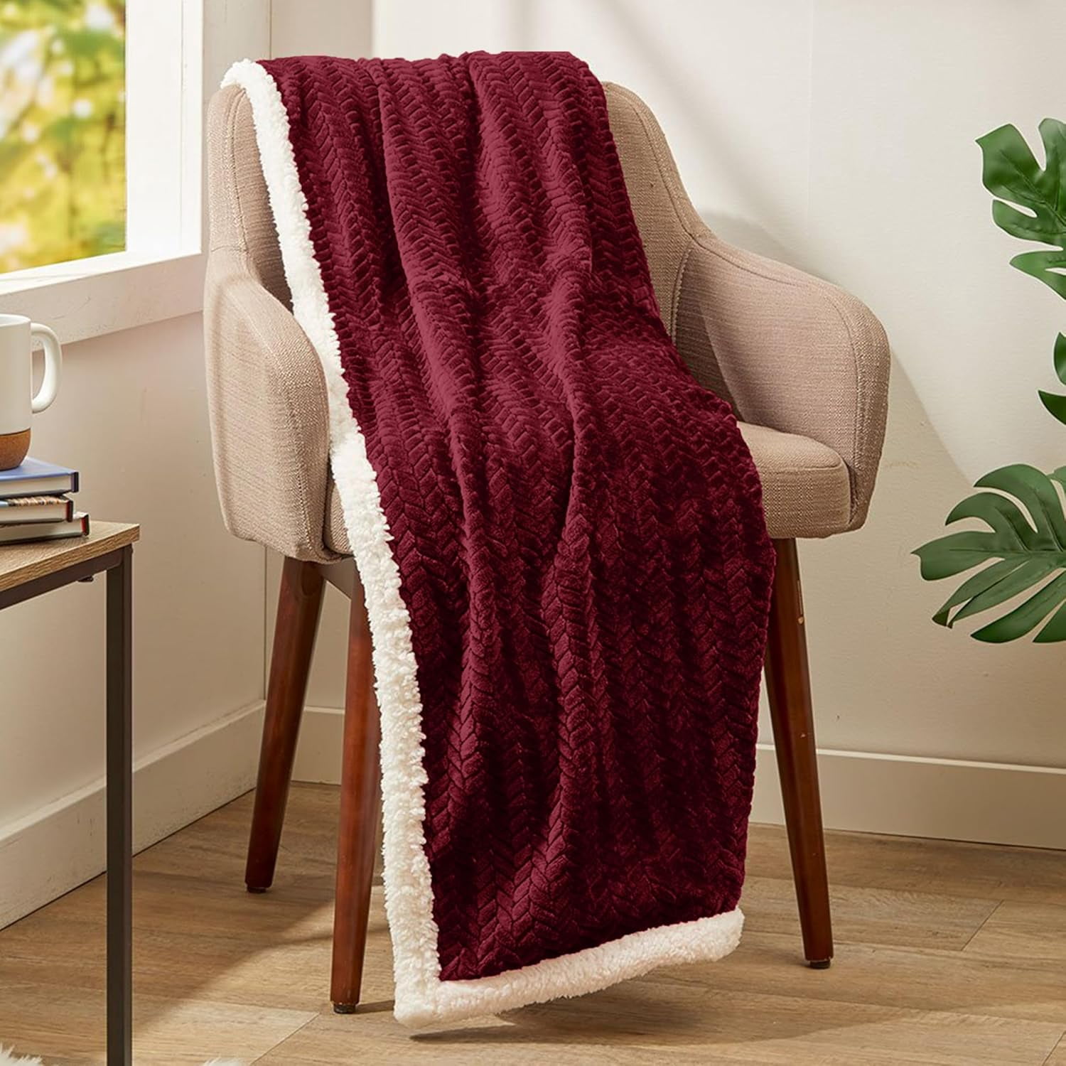 Elegant Comfort Reversible Throw Blanket with Braided Design, Heavyweight Micromink and Sherpa Backing, Throw Size, Burgundy