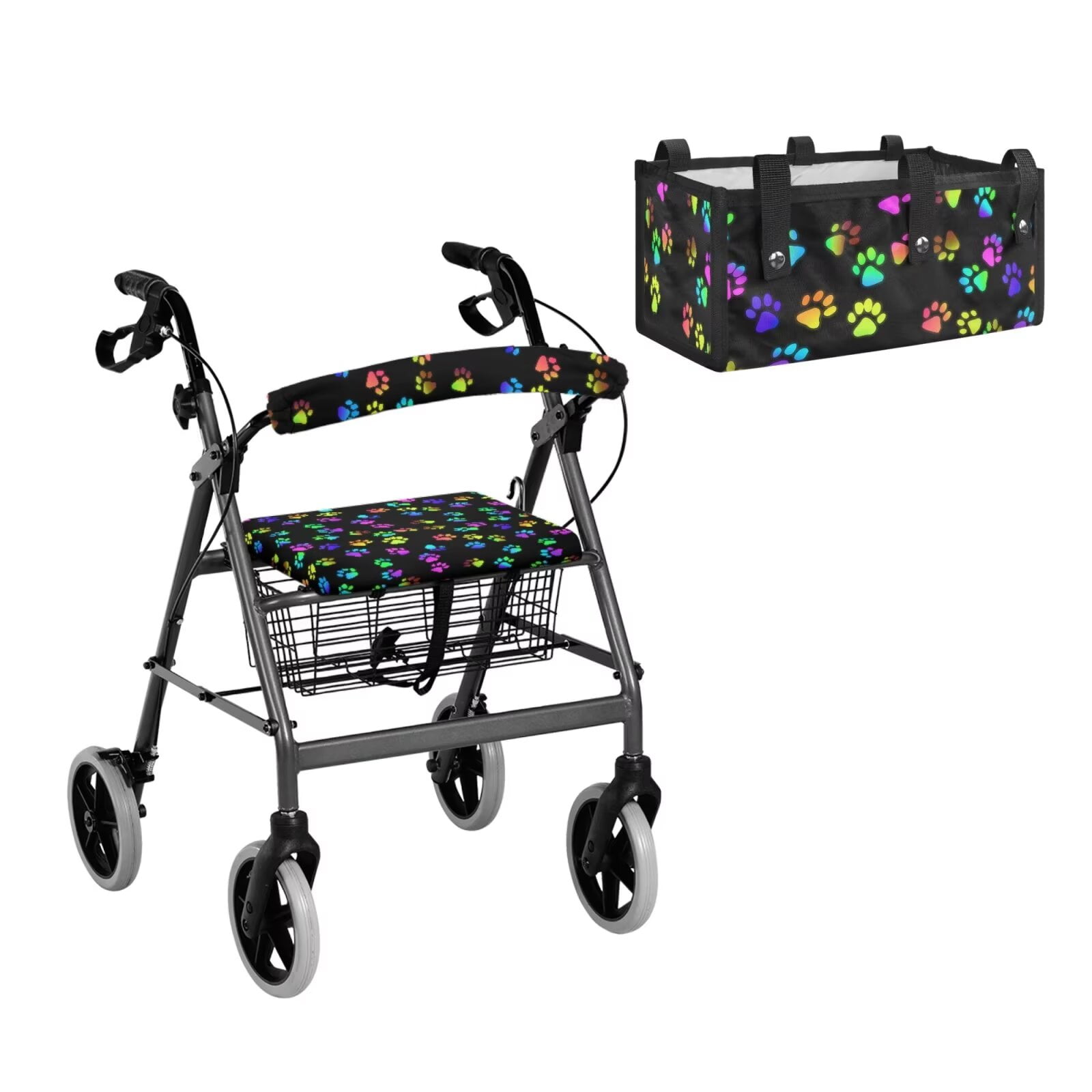 COEQINE Rollator Walker Seat and Backrest Covers with Storage Bag 3 Pieces Set, Universal Washable Rollator Walker Accessories Gifts for Seniors Ladies, Colorful Paw Print