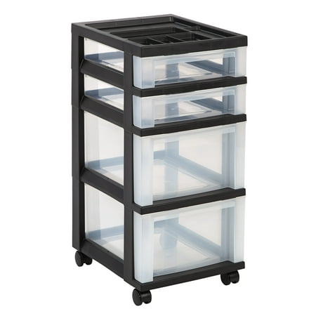 IRIS USA  4 Drawer Medium Storage Cart with Organizer Top  Black/Clear