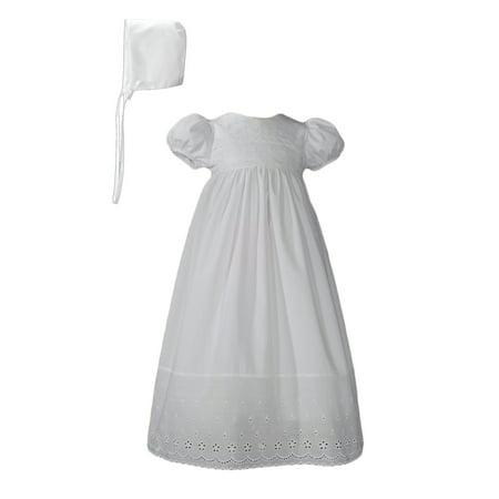 - White Cotton Christening Baptism Gown with Lace Border with Bonnet