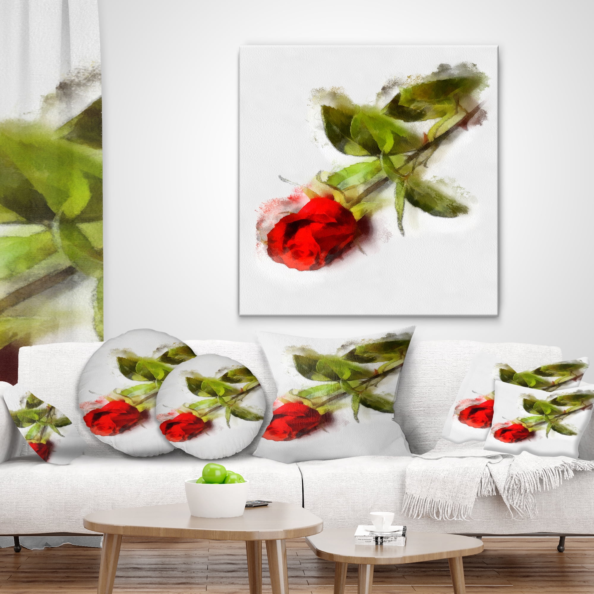 Designart Red Rose with Stem Drawing - Flower Throw Pillow - 18x18