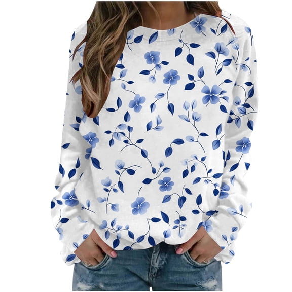 YUGYXL Long Sleeve Shirts for Women Plus Size Loose Pullover Fall Fashion Basic Trendy Crew Neck Floral Printed Casual Tops Blue L
