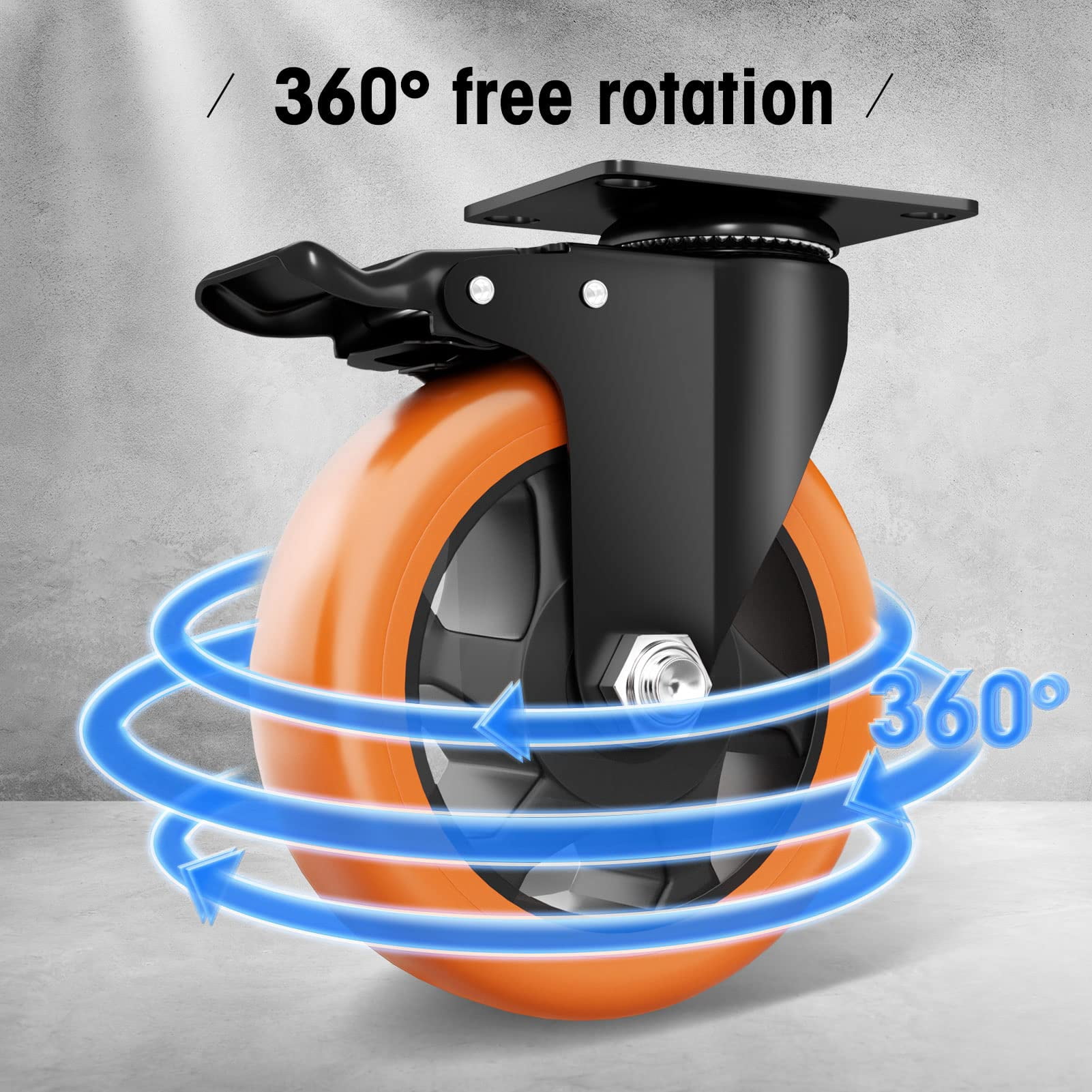 5" Caster Wheels Heavy Duty, ASHGOOB Casters Set of 4 - Non-Marking Orange Polyurethane Castors, Top Plate Swivel Wheels, Industrial Casters with Brake, Locking Casters for Furniture and Workbench