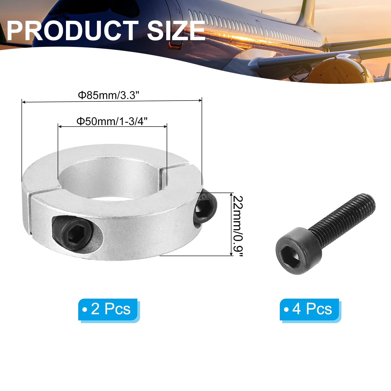 Aluminum Alloy Bore 50mm Double Split Shaft Collar 85mm OD 22mm Thickness with Set Screw, Silver 2 Pack