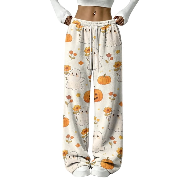 QWKLEAJ Halloween Pajama Pants Women Flannel Lounge Sleepwear Loose Elastic Waist Long Trousers Festive Party Home Wear Printed Bottom Novelty Holiday Pumpkin Ghost Bat Cat Pajamas