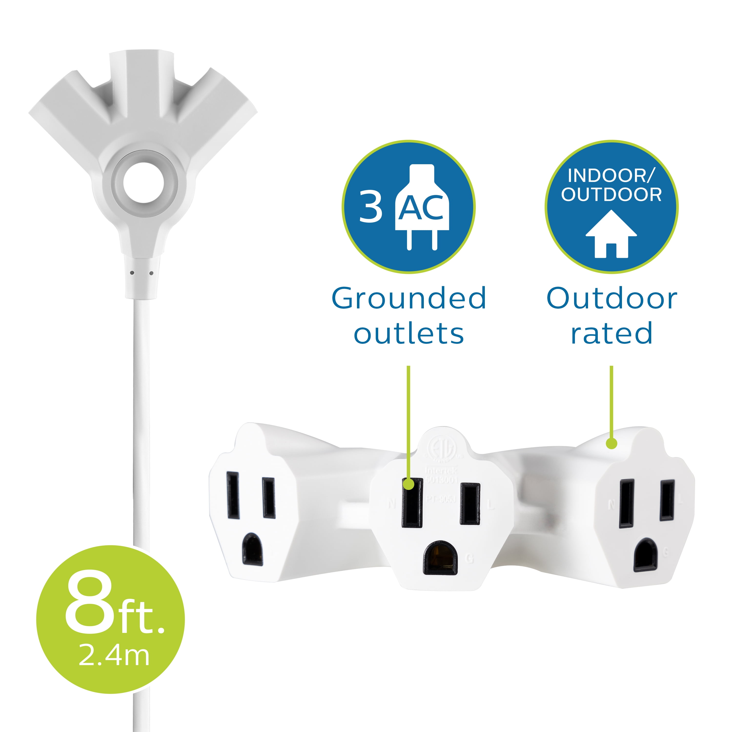 (2 pack) Philips EZGrip 8FT White Extension Cord 3 Prong with Multiple Outlets Outdoor Indoor 16AWG