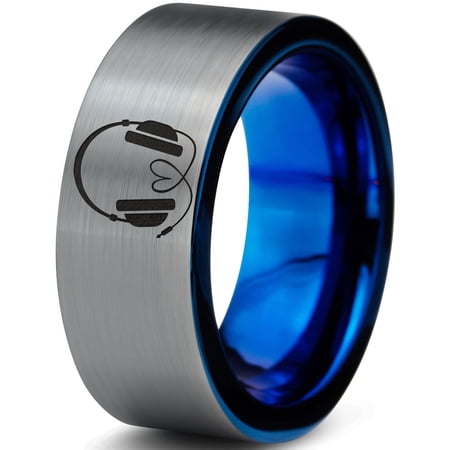 Tungsten Audiophile Audio Music Love Band Ring 8mm Men Women Comfort Fit Blue Flat Cut Brushed Gray Polished