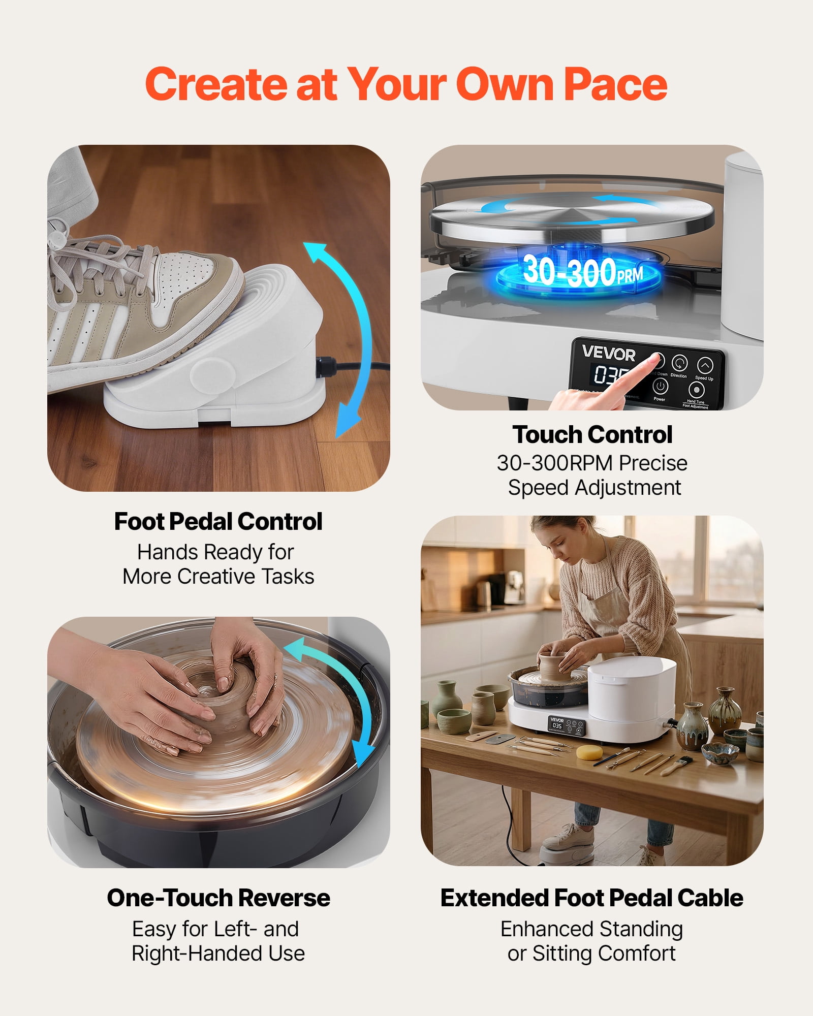 VEVOR Pottery Wheel for Adults, 11" Aluminum Turntable, 450W Electric Table Top Pottery Wheel with Foot Pedal, 30-300 RPM Adjustable Speed, Aluminum Body, for Beginners, DIY Clay Art Craft, White