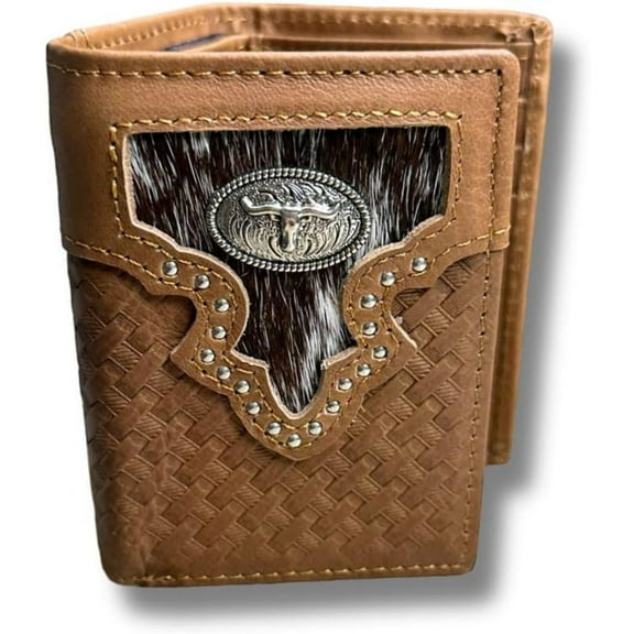 Mens Brown Tri Fold Leather Wallet Longhorn Concho