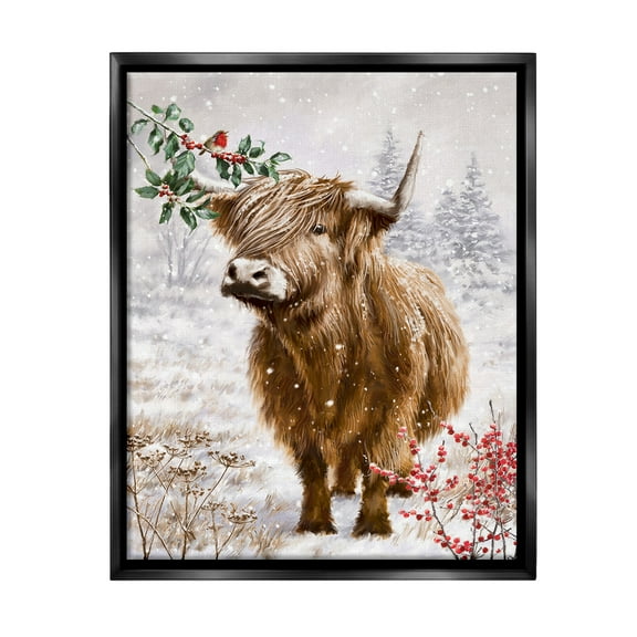 Stupell Industries Cattle with Winter Berries Animals & Insects Painting Black Floater Framed Canvas Art Print Wall Art, 17 x 21