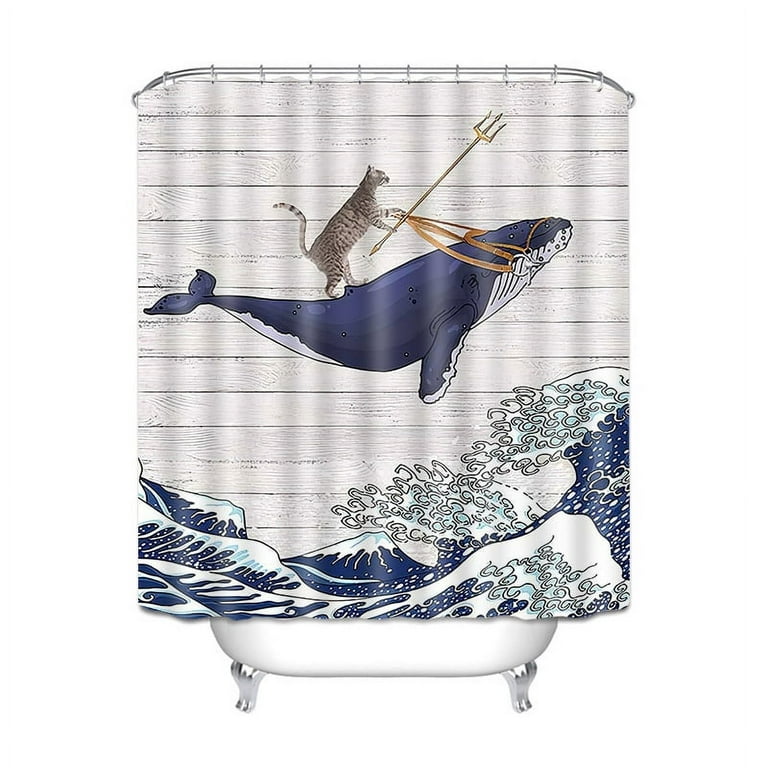 Feiona Funny Cat Shower Curtain, Marine Animal Shower Curtain, Cat Riding  Whale Pattern Shower Curtain, Various Sizes, With 12 Hooks 