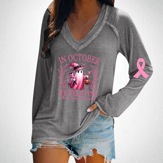 MHFRRA Una Camiseta de Manga Larga con Cuello En V, Moderna e Informal, para Mujer. Gris