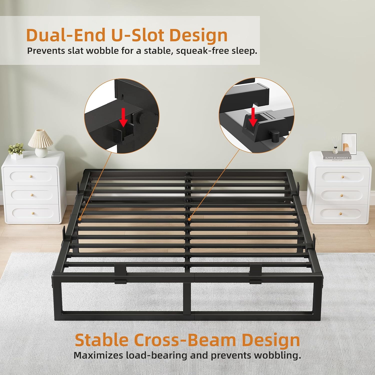 12-Inch Queen Size Metal Platform Bed Frame with Squeak-Free U-Slot Design, 3500 lbs Capacity, Under Bed Storage, Black