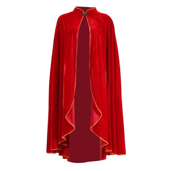 Women's Vintage Medieval Cloak Stand Collar Velvet Gold Trim Renaissance Cape for Adult