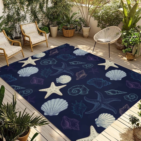 Nautical Coastal Outdoor Rug for Patio/Deck/Porch, Non-Slip Large Area Rug 6 x 9 Ft, Ocean Beach Starfish Shell Conch Navy Blue Indoor Outdoor Rugs Washable Area Rugs, Camping Rug Carpet Runner