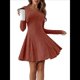 thumbnail image 3 of Vestido Corto de Punto Acanalado de Larga para Mujer, Otoño e Invierno, Cuello en V, Informal, Corte A Rojo Ladrillo L, 3 of 7