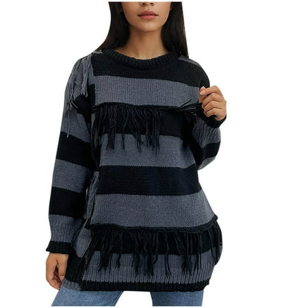 miqiqism Women's Casual V Neck Sweaters Lady Fashion Tassel Long Sleeve Boho Sweater Juniors Loose Kimono Cable Knit Pullover Sweater Jumper Fringe Tops,Gray,Large
