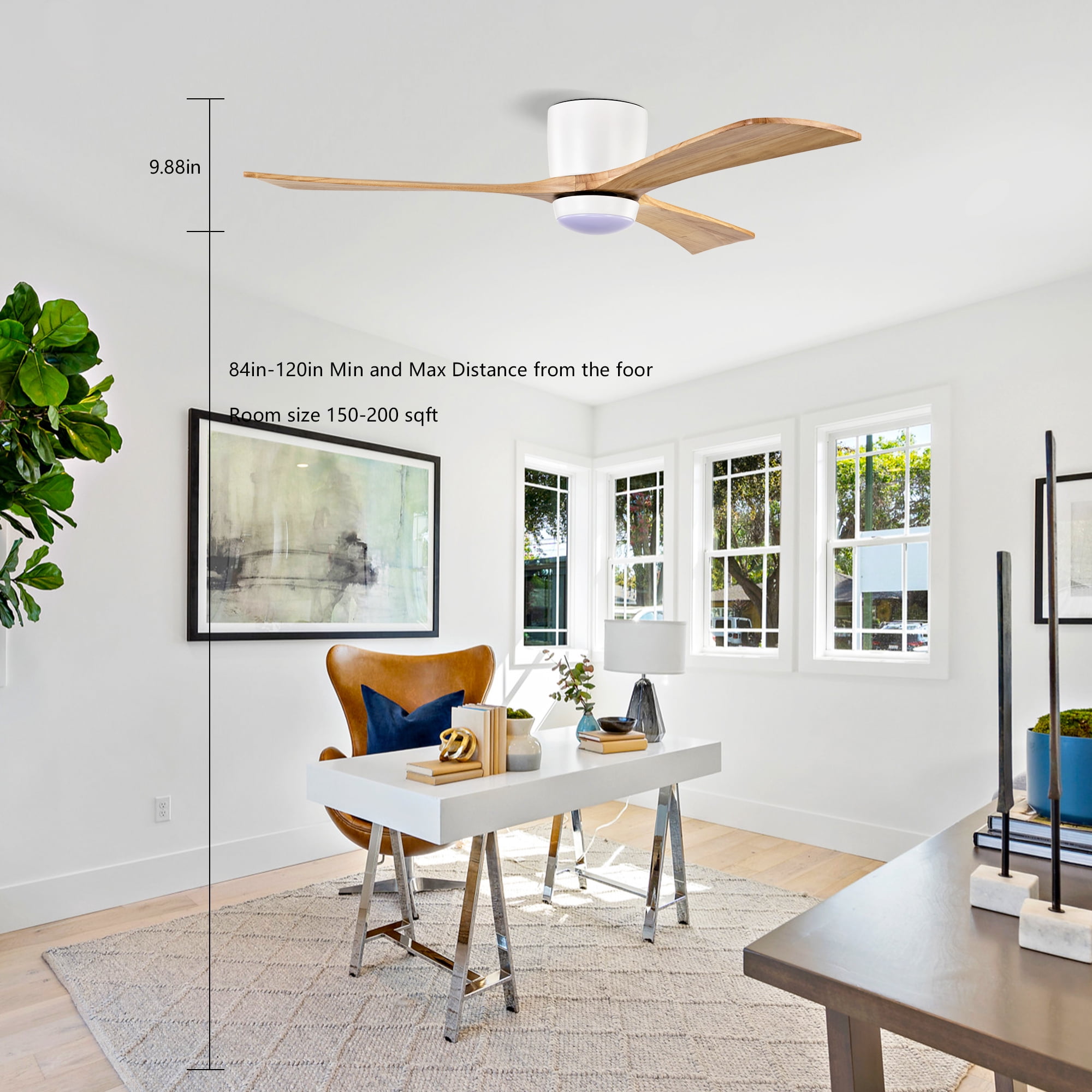 Flush Mount Ceiling Fan with Light, 52 Inch Solid Wood Blade Fan for Household Low Ceiling Room, Matte White Natural Wood