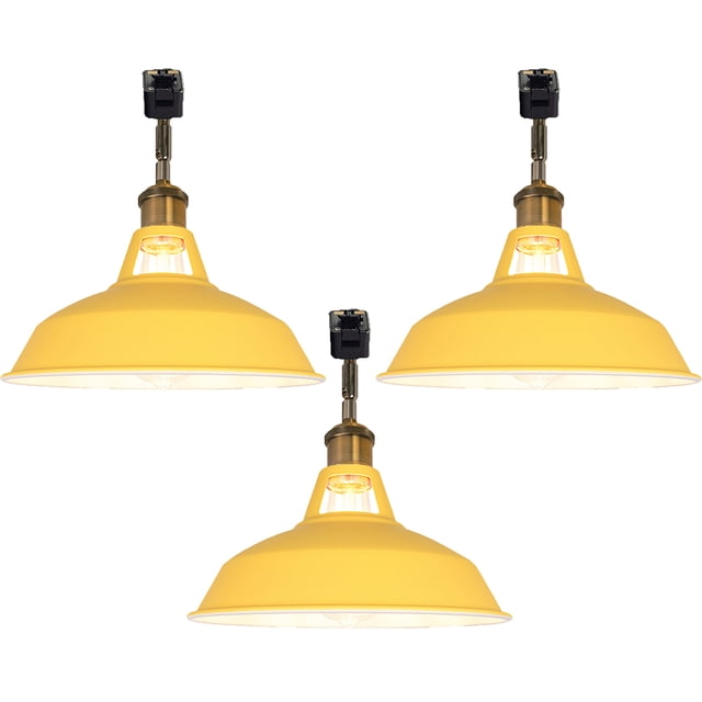FSLiving J-Type Track Lighting E26 Base Industrial Adjustable Angle Lamp Yellow Metal Shade with Gold Bronze Socket Track Light Fixture for Slope Ceiling Gimbal,Bulb and Track Not Included - 3 Lights