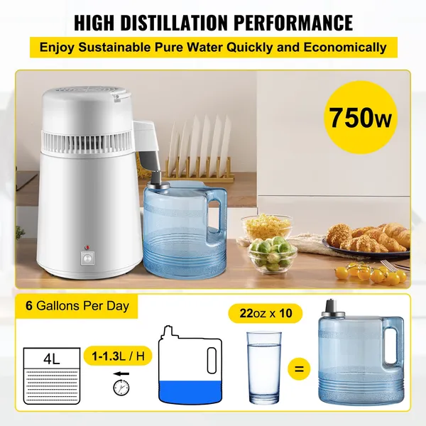 750W Pure Water Distiller with Upgraded Purifier Filter,1.1 Gallon BPA Free Container,Convenient Handle,Ideal for Home Use in White Color