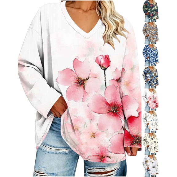 Nugftut Plus Size Tops for Women Long Sleeve Floral Graphic V Neck Blouses Casual Loose Fit Shirts