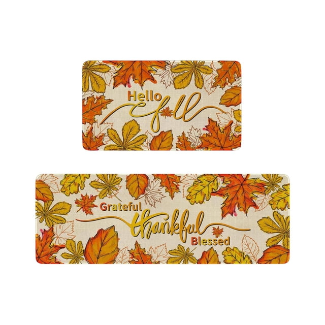 Halloween Thanksgiving Bathroom Mat Set 2 Piece Fall Pumpkin Maple Leaf Design Floor Mat 40 cm x 60 cm and 40 cm x 120 cm Polyester Non Slip Backing