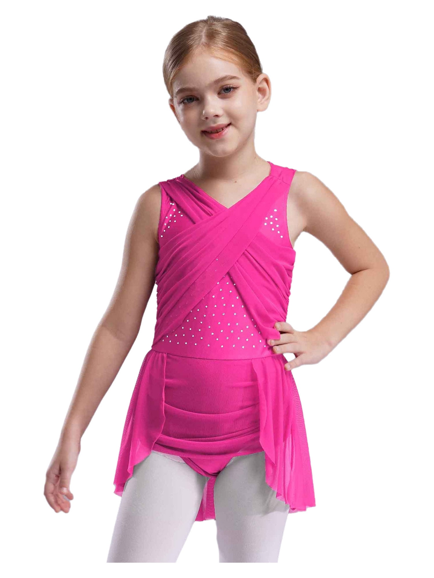 Jhaoyu Robes De Danse Ballet Lyrique Pour Filles Enfants Avec Strass Brillants Jupe Irrégulière Justaucorps Patinage Artistique Rose Vif 8