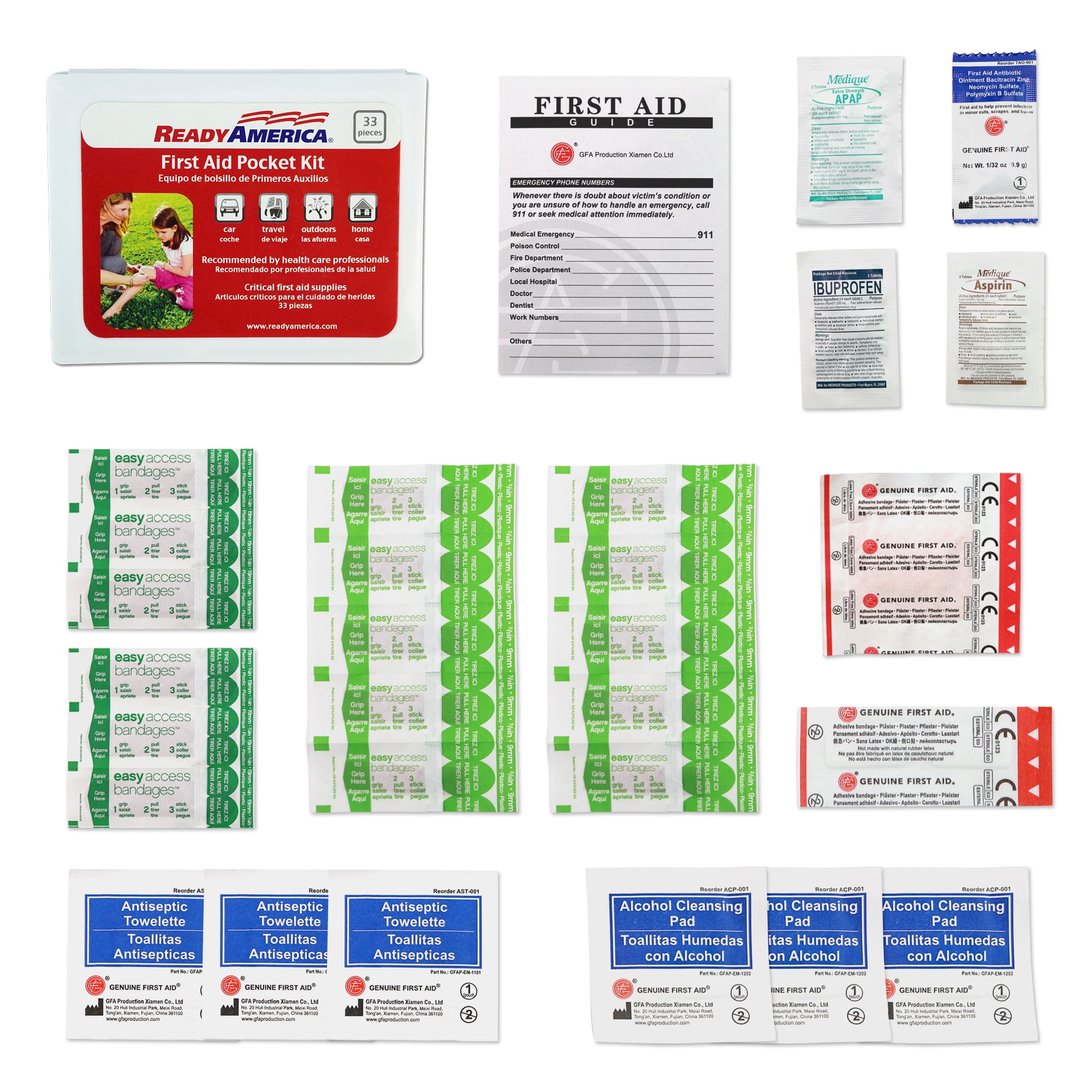 (4 pack) 33 Piece First Aid Pocket Kit, Ready America, approximate kit dimensions: 3.75 in. x 4.75 in. x .50 in.