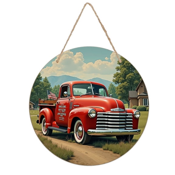 Rustic Round Wooden Wall Art Sign, 8" Decorative Home Decor, Vintage Red Classic Car Vintage Truck American Flag Designs, Easy Hang, Gift-Ready for Christmas Living Room Bedroom Kitchen Office