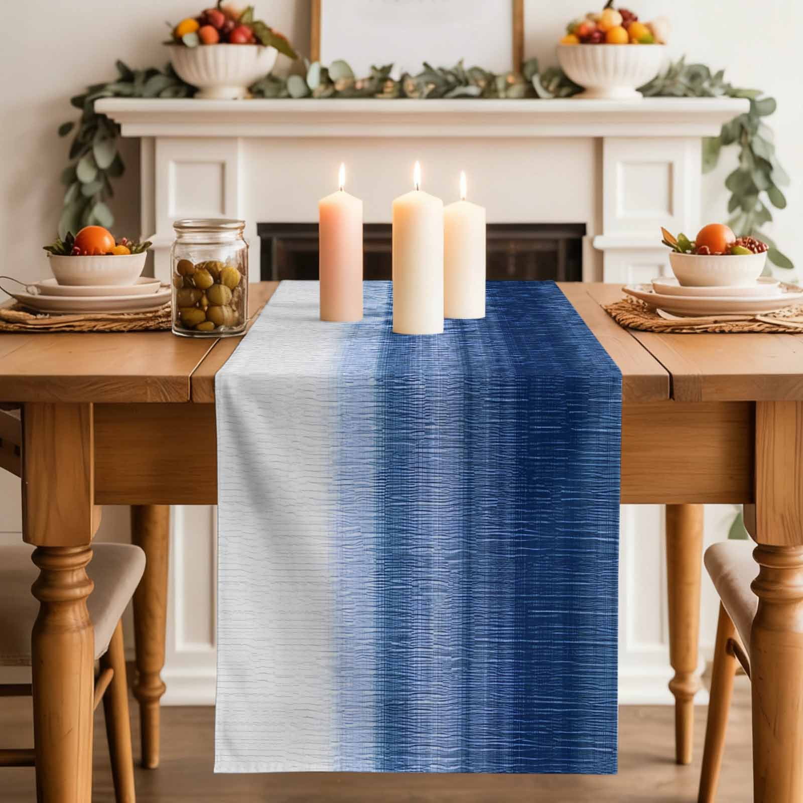 Navy Blue Ombre Table Runner, Farmhouse Modern Gradient Washable Cotton Linen Table Runners 90 Inches Long, Dresser Scarf Runner for Dining/Coffee/Kitchen/Hallway Tables 13''x90''