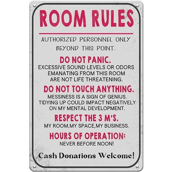 Room Rules Sign for Teen Girls - Funny Metal Tin Signs for Girls Boy Bedroom, Dorm, Gaming Room Door and Wall Decor Art Accessories, Cool Stuff Gift for Teen, 8 x 12 inch