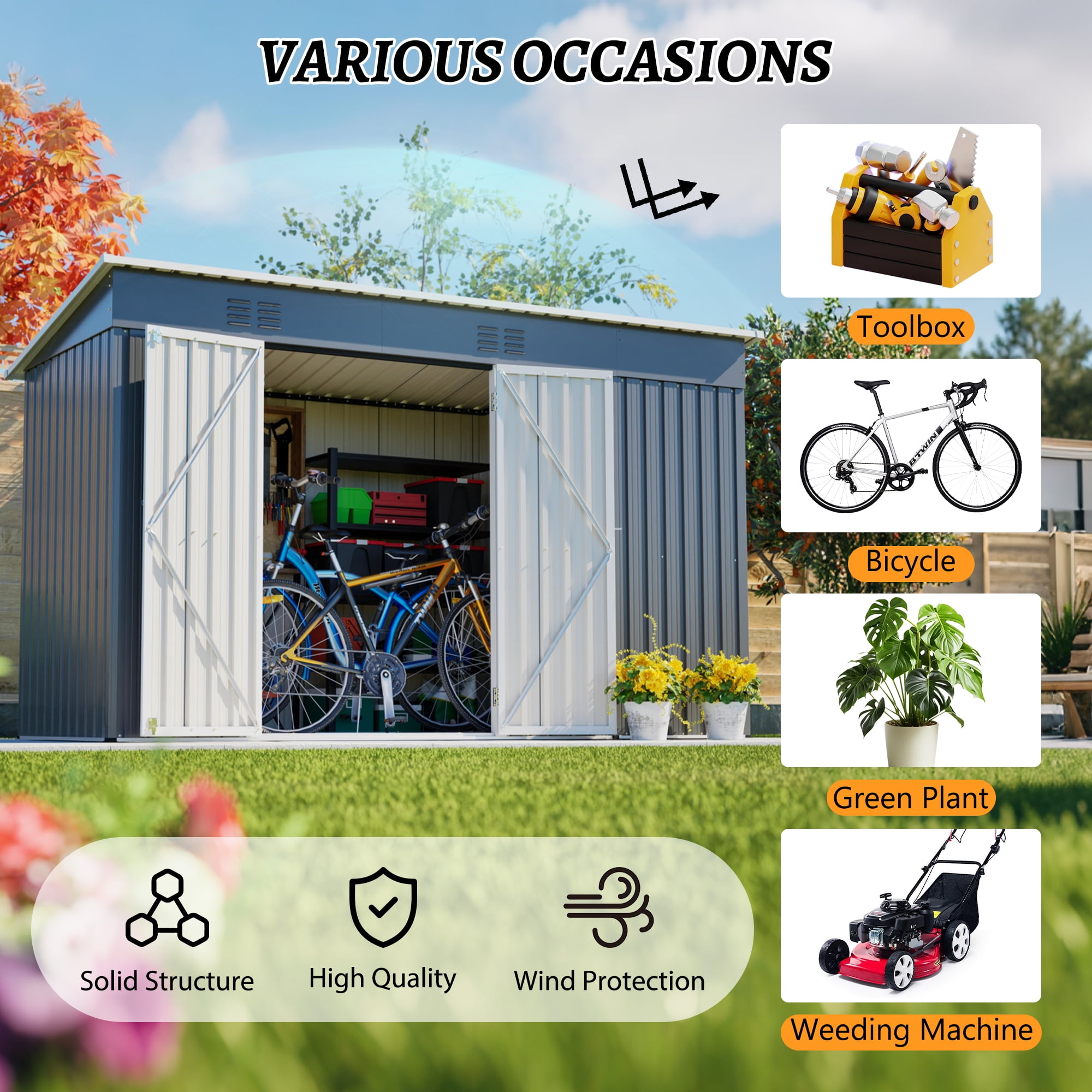 10x4 FT Metal Storage Shed with Open Firewood Bay, Floor Frame, Vents, Outdoor Tool/Garden Shed, Dark Gray