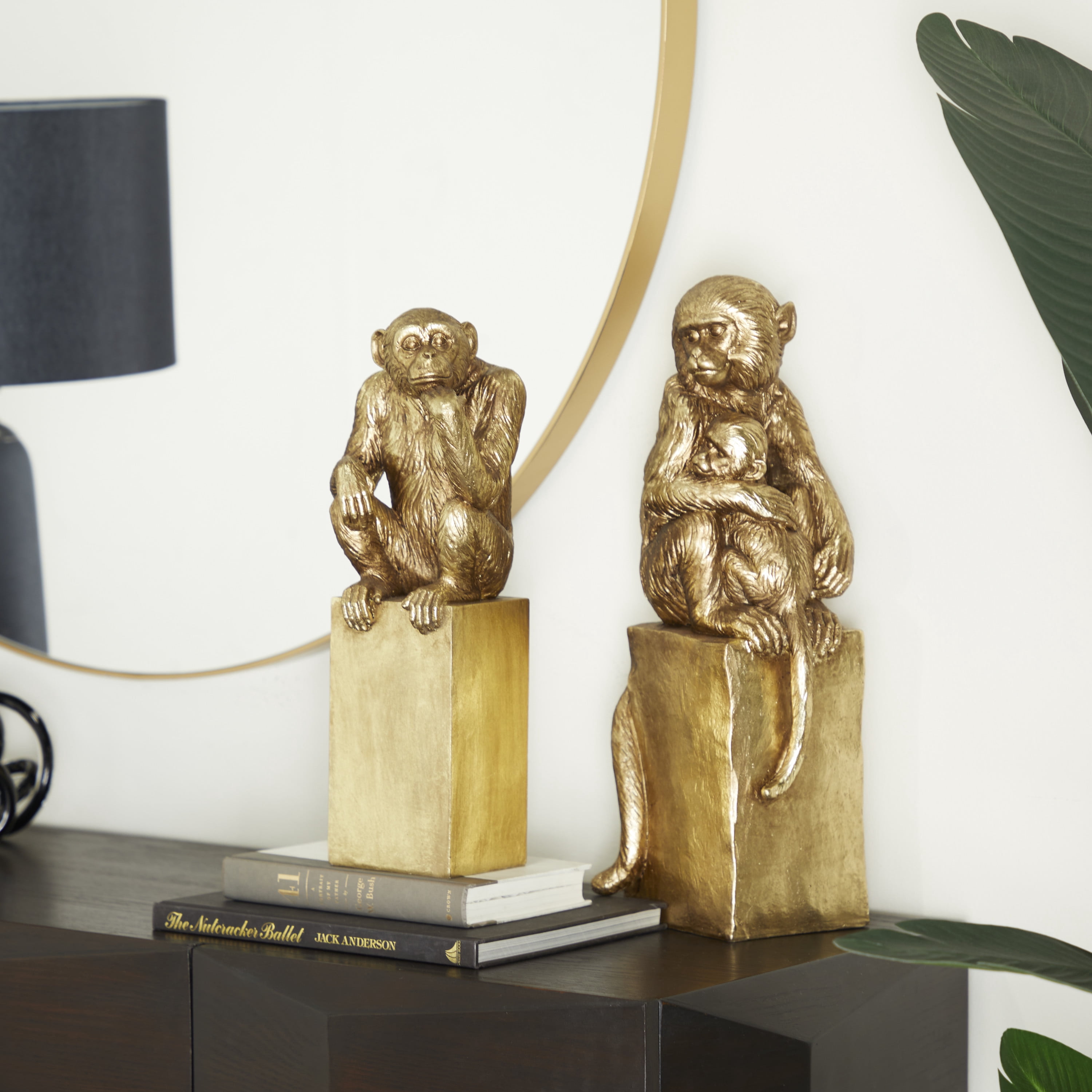18", 15"H Gold Resin Monkey Sculpture, by DecMode (2 Count)
