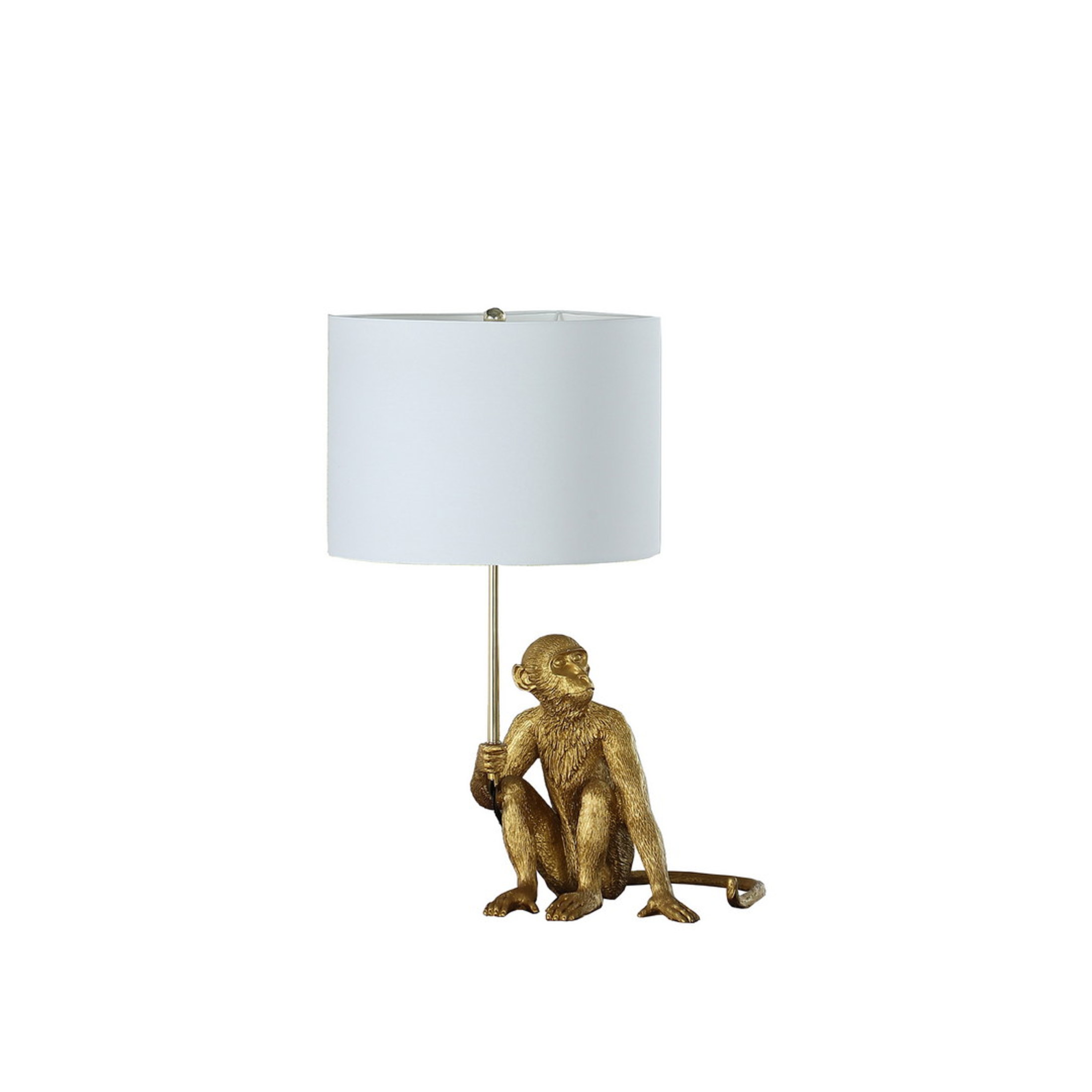 Noble House 25.5" Golden Monkey Table Lamp, Polyresin Figurine, Modern White Drum Shade, E26 Light Bulb, Gold