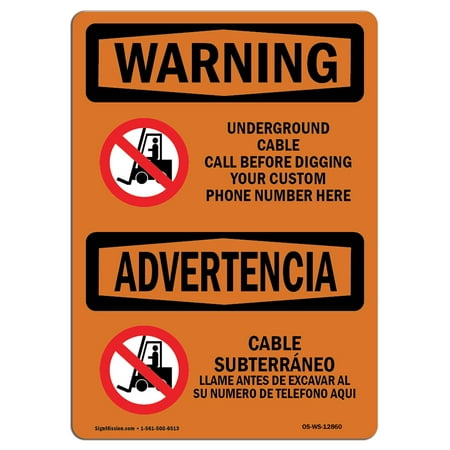 OSHA WARNING Sign - Underground Cable Call Custom Bilingual  | Choose from: Aluminum, Rigid Plastic or Vinyl Label Decal | Protect Your Business, Work Site, Warehouse & Shop Area |  Made in the