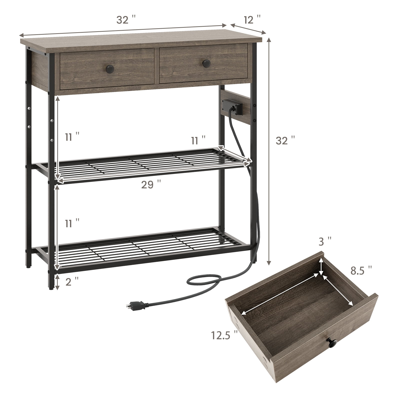 Giantex Console Table w/Outlets , Entryway Table w/USB Ports, Narrow Sofa Table, Entry Hallway Table, Grey